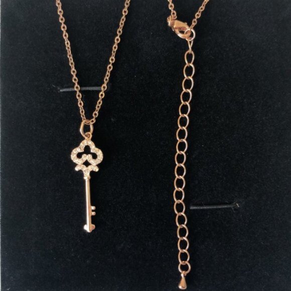 Rose Gold Plated Necklace w Key Charm Pendant  W Cubic Zirconia Stones - Picture 4 of 13